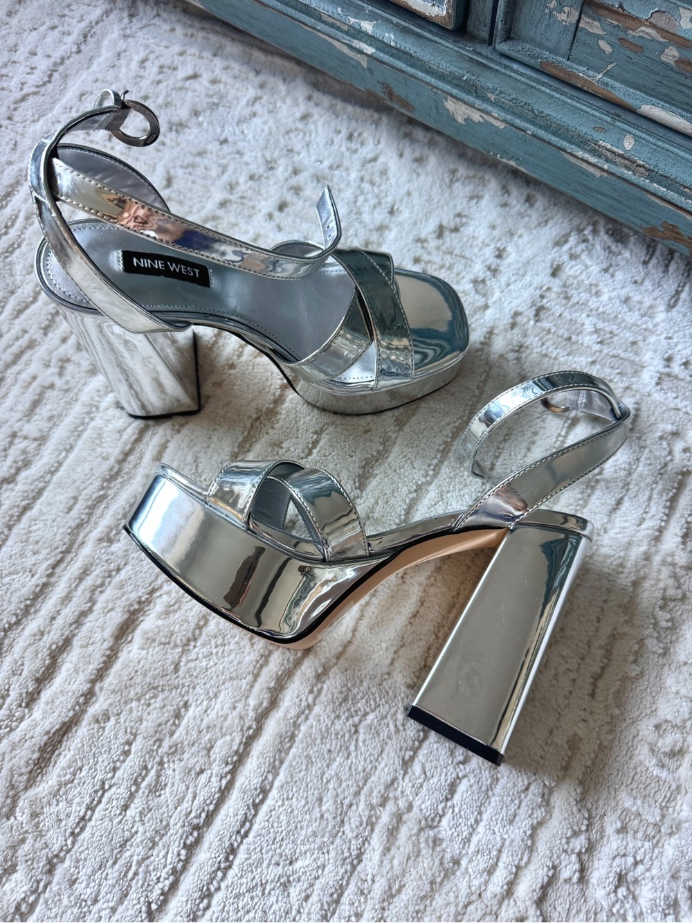 Nine West Metallic Silver Platform Block Heel Sandals